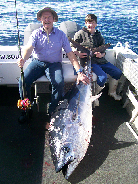 ANGLER: Chris Pott (UK)  SPECIES: Bluefin Tuna
 WEIGHT: 107 Kg LURE: JB Lures, Little Dingo Redbait Colour. 